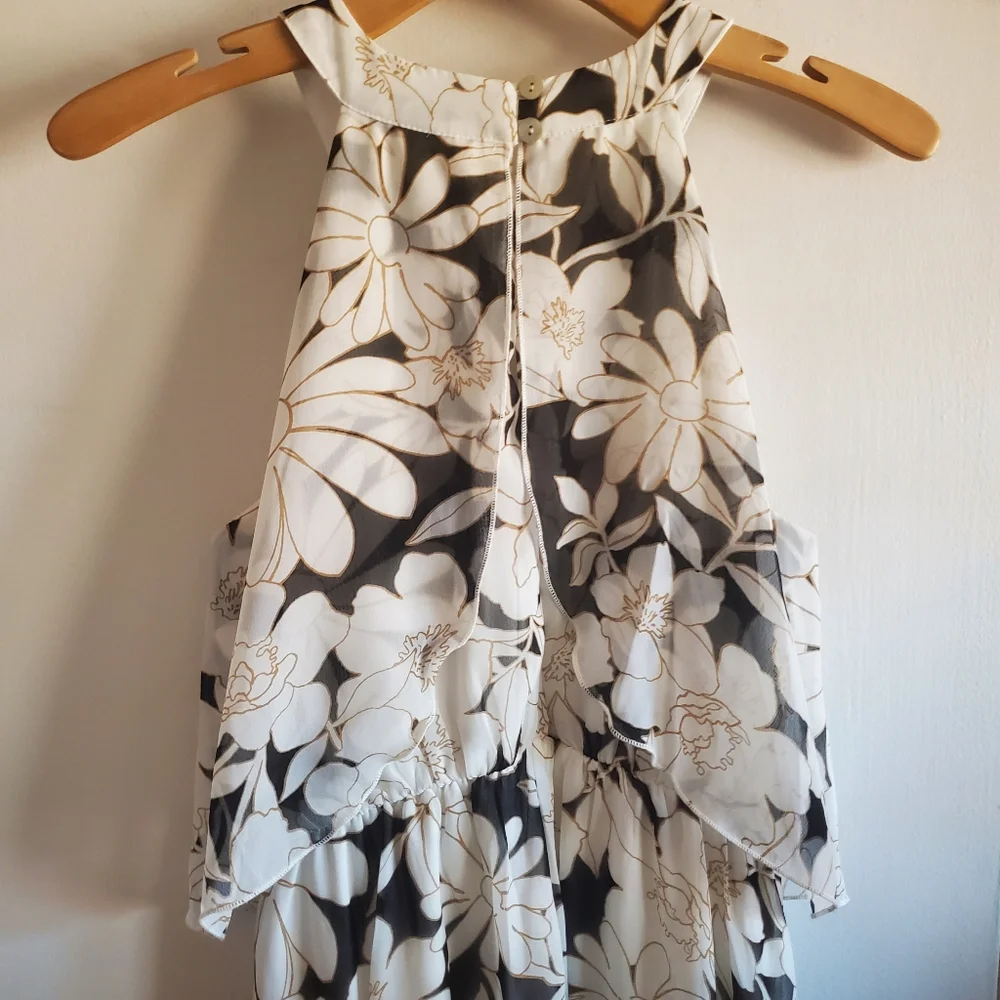 Stella & Julie Black And White Floral Midi  Dress Ruffled Top Size 6 Cocktail